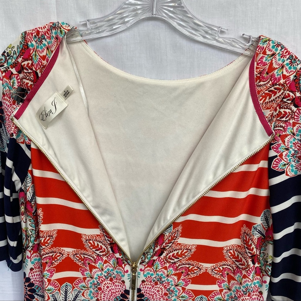 Eliza J. Navy/Orange Abstract Floral & Stripes Midi Shift - 8 - Picture 2 of 8